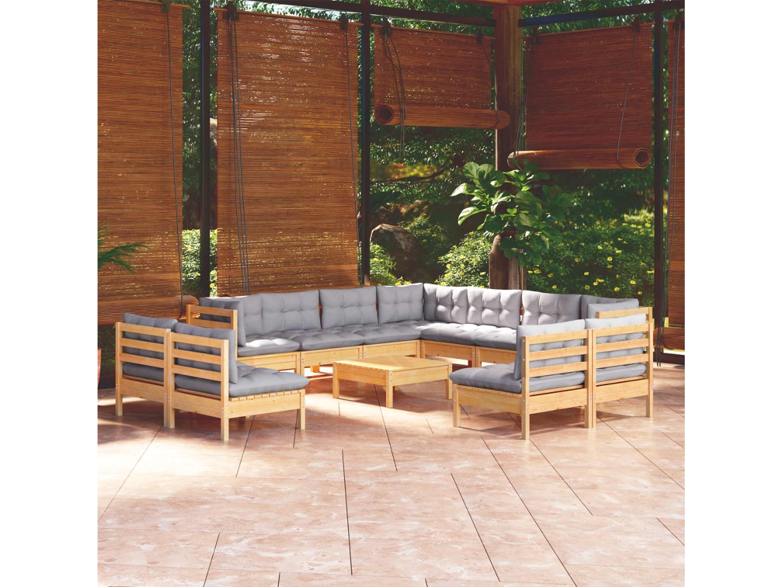 Conjunto de salón de jardín de 12 piezas con cojines grises en pino macizo DKD Home Decor