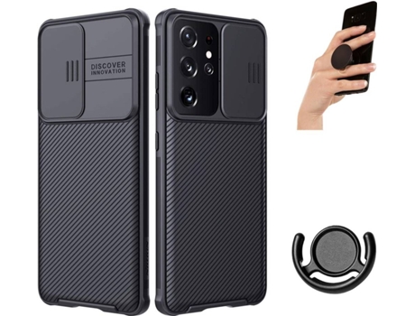 Funda y Popsocket para Samsung Galaxy S21 Ultra PHONESHIELD Camshield Nillkin Negro