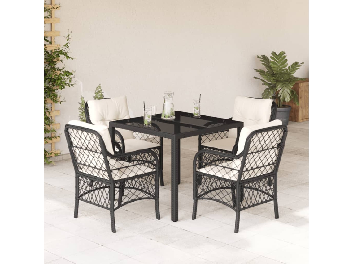 Juego de comedor de jardín de 5 piezas con cojines, mimbre sintético negro, DKD Home Decor