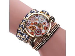 Reloj De Pulsera Para Mujer Con Correa Tejida Multicapa Y Esfera Azul Con Estampado Floral.