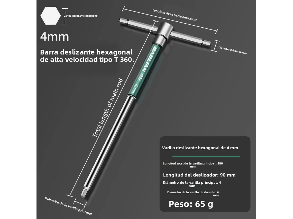 Llave Hexagonal Tipo T Multifuncional De Acero Inoxidable De 4 Mm Con Rodillo Deslizante Hexagonal De Alta Velocidad