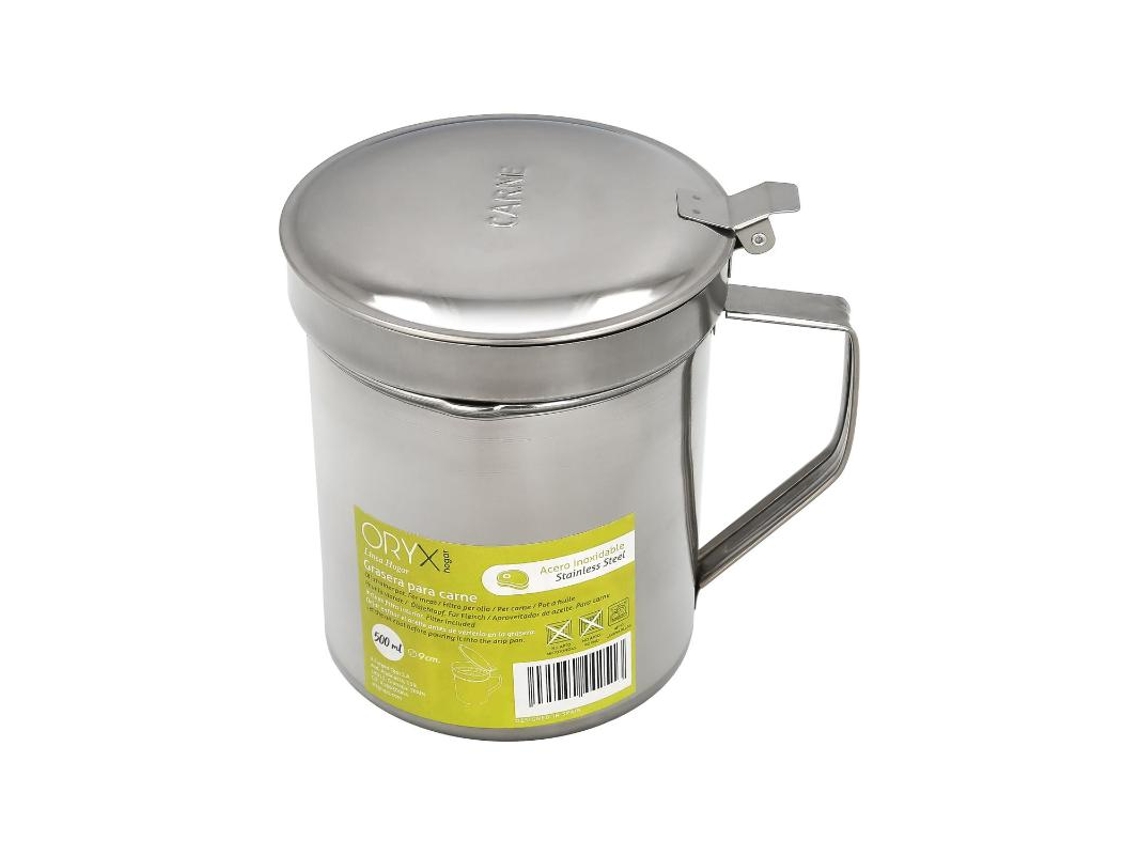 Grasera Acero Inoxidable Para Carne. Aceitera Aceite Usado 0.5 lts. Con Colador y Tapa. Recipiente Reciclaje Aceite Usado Carne ORYX
