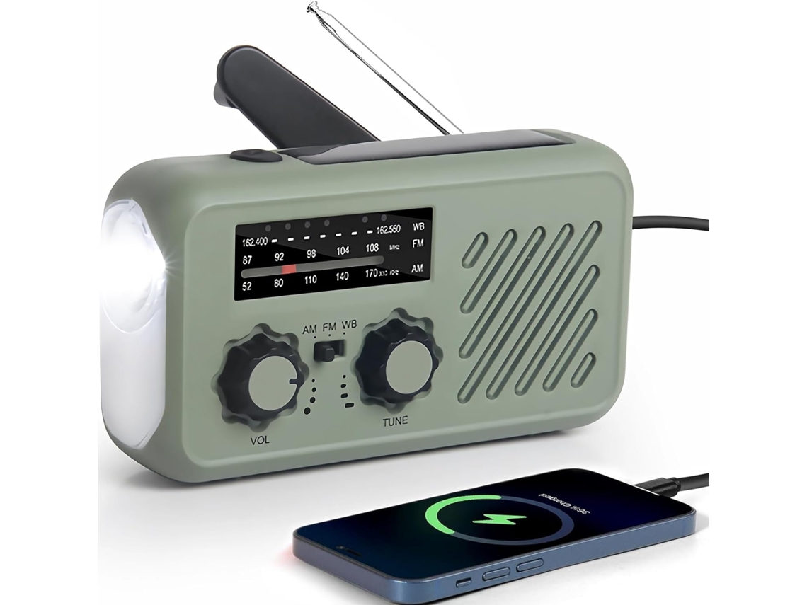 Radio de emergencia portátil, FM/AM, carga solar, con manivela, linterna LED y luz de lectura, Chronus SOS Alert (verde)