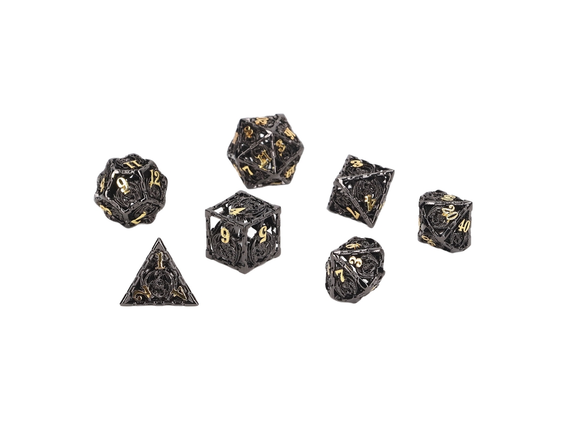 Juego de 7 exquisitos dados poliédricos huecos de cobre para juegos de rol, fiestas y decoraciones navideñas - Oro y negro (2026)