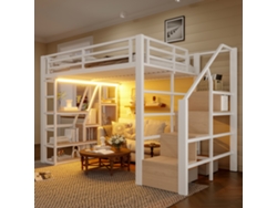 Cama Alta De Hierro De 140x200 Con Barandilla De Escalones, Iluminación Led Y Espacio Abierto Blanco.
