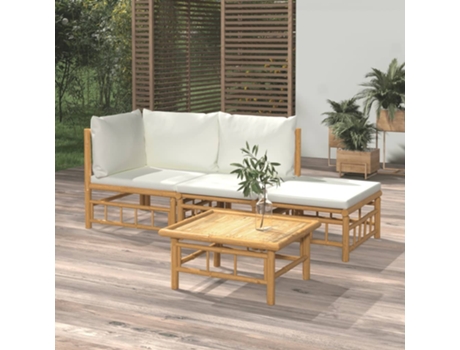 Conjunto 4 de muebles de jardín VIDAXL bambú y cojines blanco crema