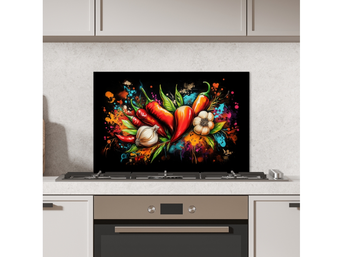 Panel protector contra salpicaduras para cocina - Verduras - Pimiento - Ajo - Graffiti - Pintura - Colorido 70x50 cm
