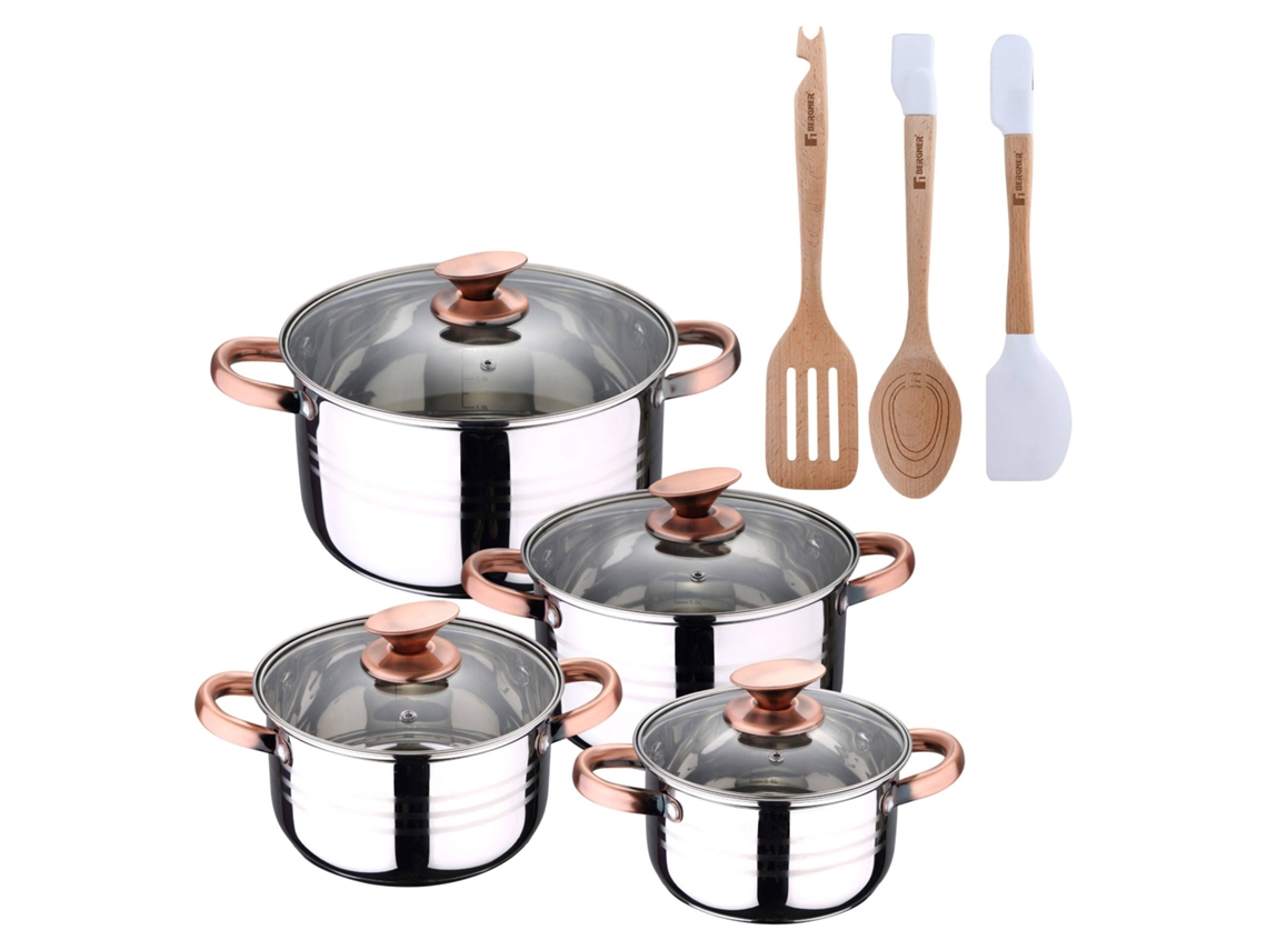 Batería De Cocina Ø16ø18ø20ø24cm De Acero Inoxidable Nona San Ignacio (8 Piezas) Con 3 Utensilios