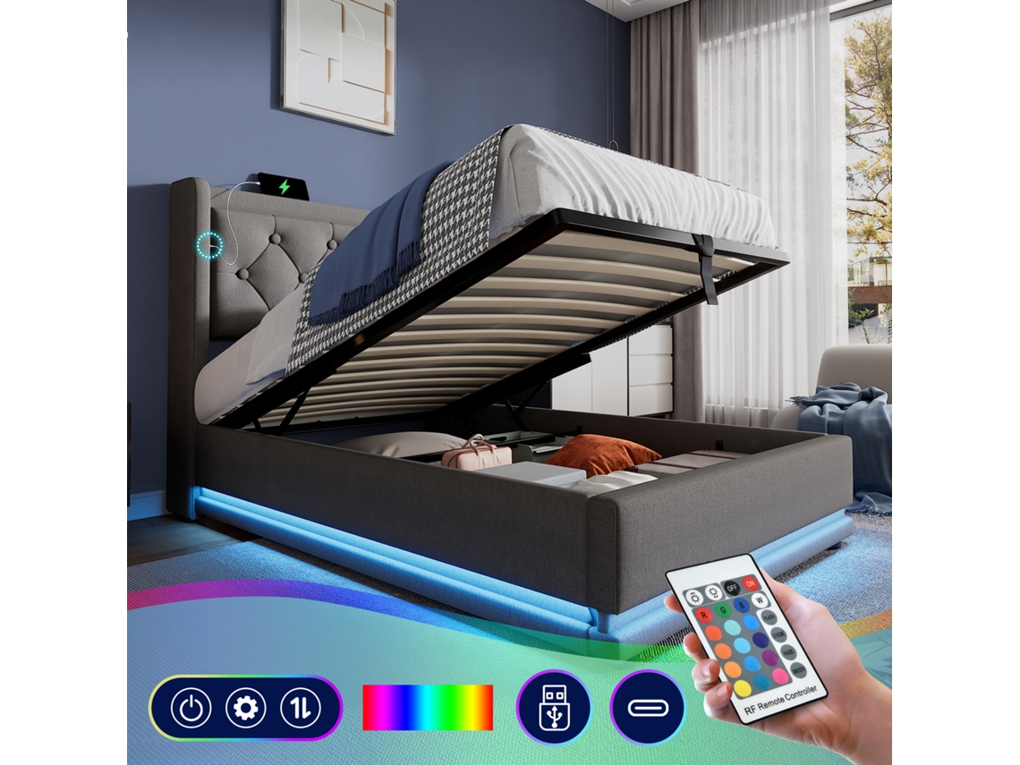 Cama De Algodón Gris De 90x200 Con Led, Usb-c Y Elevador.