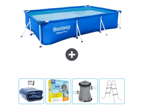 Piscina BESTWAY Rectangular Steel Pro - 300 x 201 x 66 cm - Azul - Incluida Vela solar - Paquete de mantenimiento - Bomba - Escalera