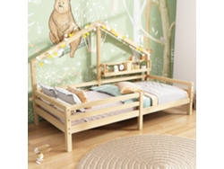 Cama Infantil Con Forma De Casita, 90x200 Cm, Con Chimenea Y Almacenamiento, De Madera Natural. Skuwf530662aan