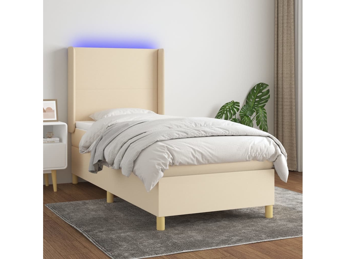 Cama Box Spring Colchón Y Luces Led Tela Crema 90x200 Cm
