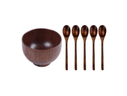 Juego de vajilla de madera de 6 piezas: 1 tazón y 5 cucharas soperas. Natural y saludable.