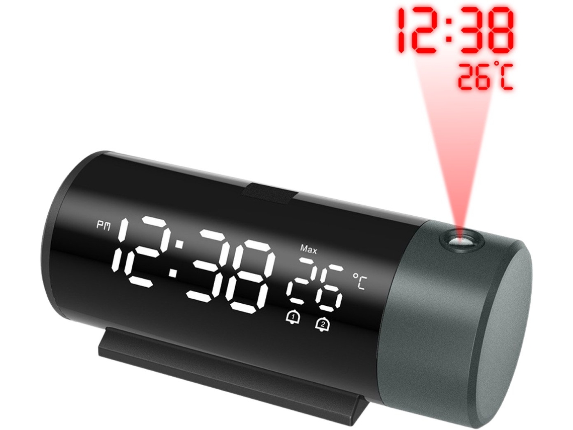 Reloj Despertador Digital Negro Con Proyección, Doble Alarma, Función De Posponer