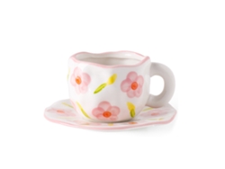 (Estilo 2) Taza de café de cerámica con estampado floral pintado a mano. Incluye taza y posavasos.