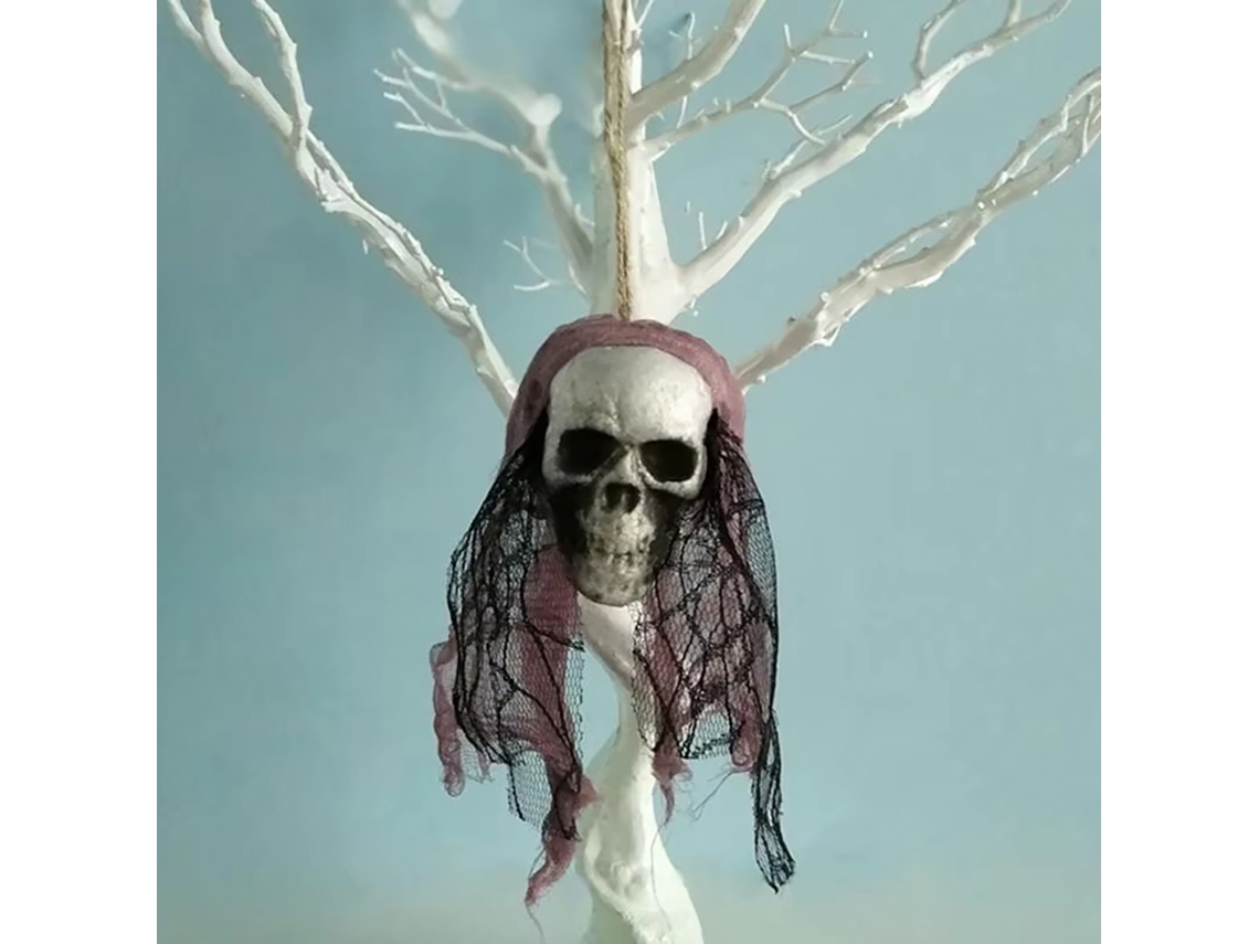 Decoración de calavera de Halloween, adorno colgante de espuma con cabeza de hueso y atuendo de novia, accesorio espeluznante marrón Viewleaf
