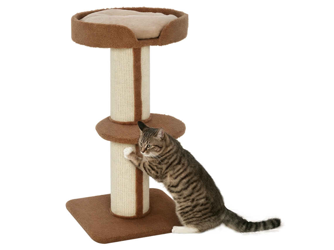 Rascador para gatos, 91 cm de alto, 3 niveles, con nido, plataforma y poste de sisal, 45x45x91 cm, marrón claro.