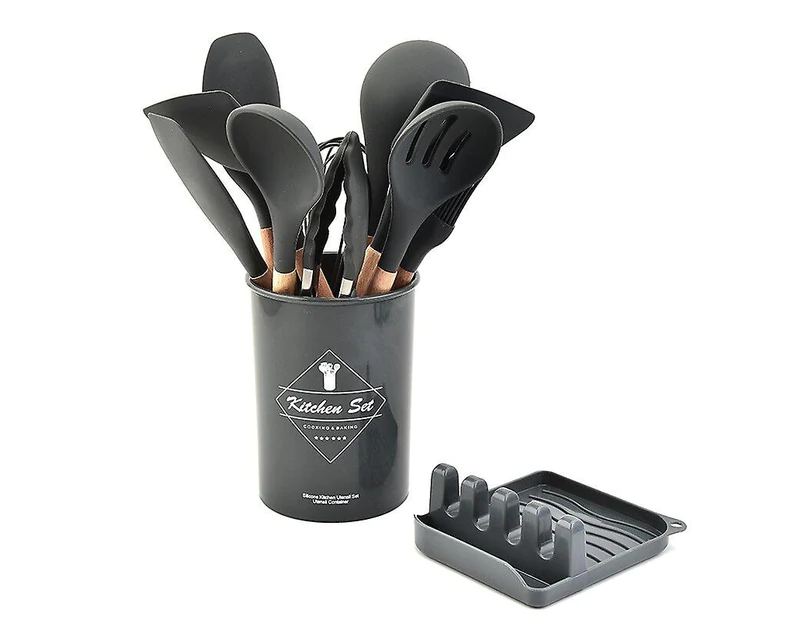 Juego JEIIBRZUI de 12 utensilios de cocina con mango de madera y color gris silicona