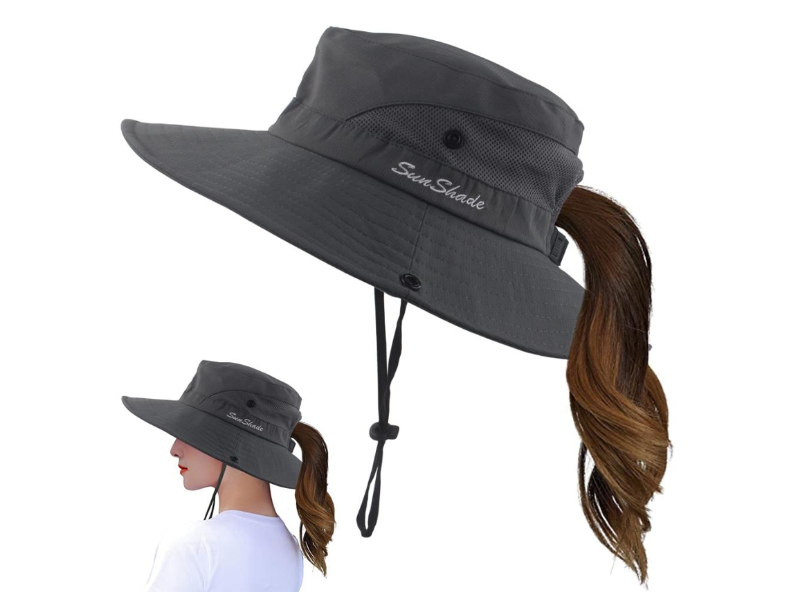 Sombrero de pescador para mujer con ala ancha y coleta, protección UV, plegable, ideal para el verano y la pesca.