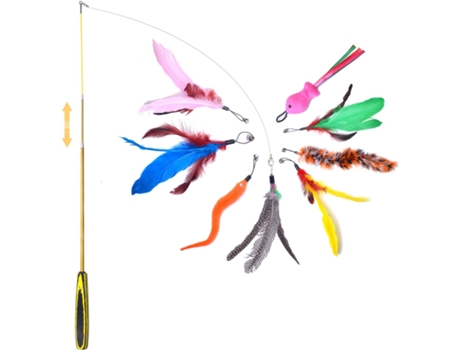Juguete de plumas para gatos, juguete de caña de pescar retráctil interactivo con 8 recambios y un gancho de repuesto para gatos y gatitos de inter...