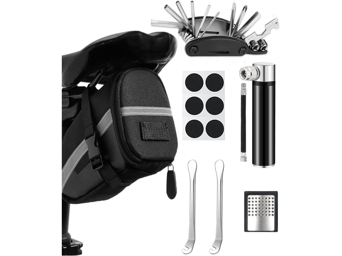 Kit de reparación de bicicletas 16 en 1 con bolsa, minibomba de 120 psi, para bicicletas de montaña y de carretera, sin marca.