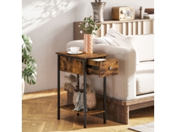 Elegante mesa auxiliar con compartimento abierto y cajón, mesita de noche, patas de metal, madera marrón (no aplicable)