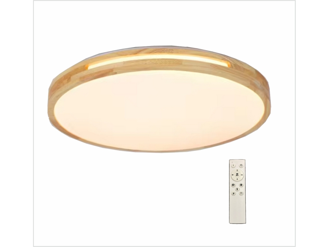 Plafón de Techo Led 40w con mando a distancia, Regulable blanco frío a cálido e intensidad, 4000LM, madera de roble natural, redondo Ø40cm PAPUQ