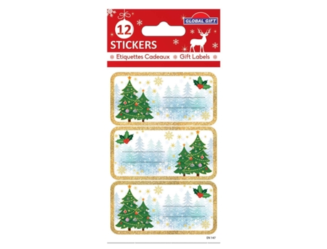 12 Pegatinas GLOBAL GIFT de Navidad - Árboles de purpurina dorada