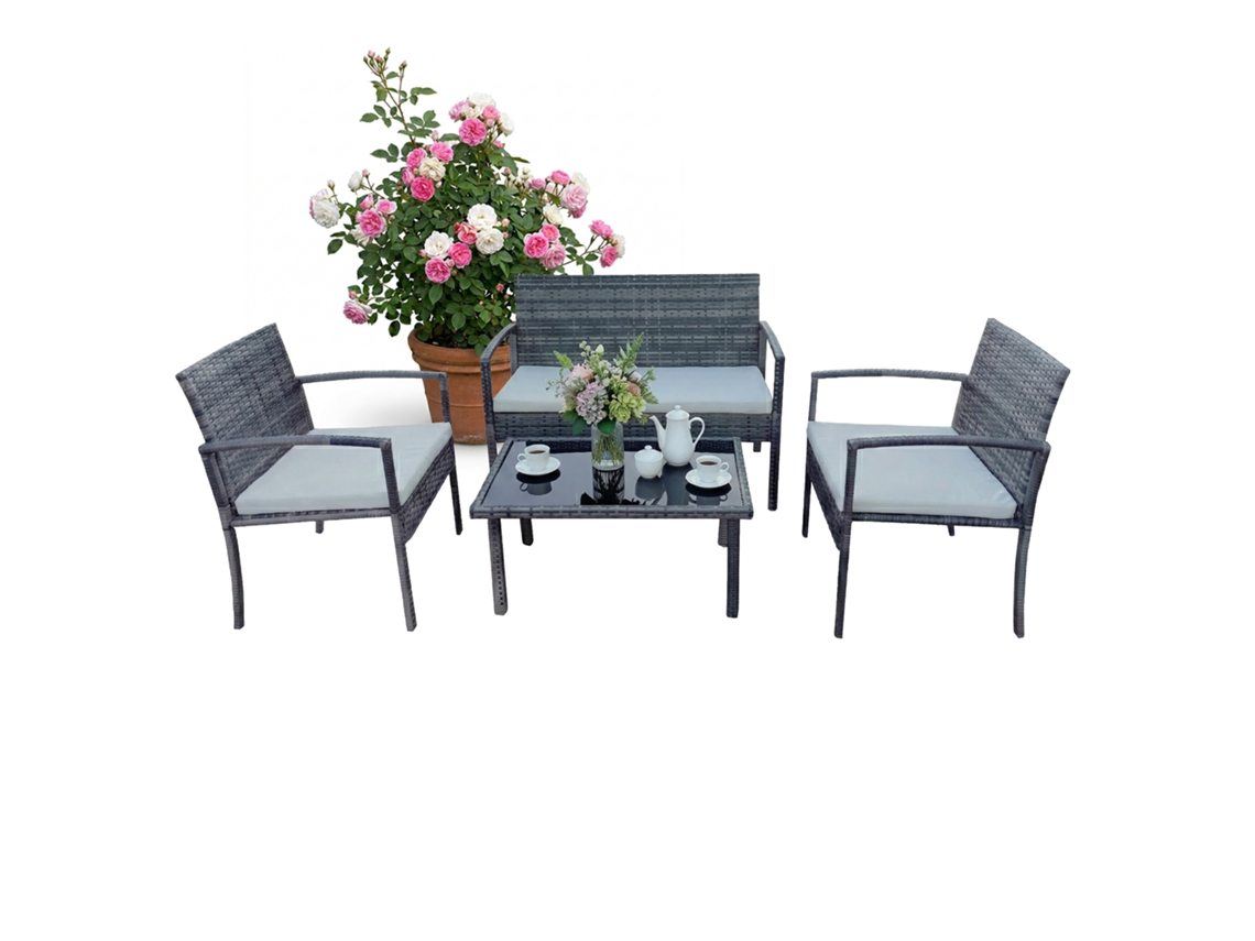 Relaxdays Conjunto De Jardim 4 Peças Rattan Pp, 4 Pessoas: Banco 2 Lugares, 2 Cadeiras, Mesa De Vidro, Cinzento