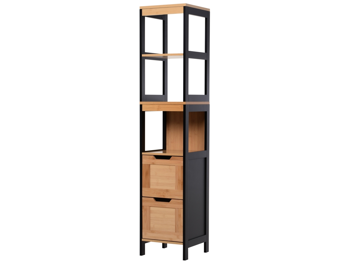 Columna Baño 3 Estantes 2 Cajones Bambú Negro 30x30x144cm