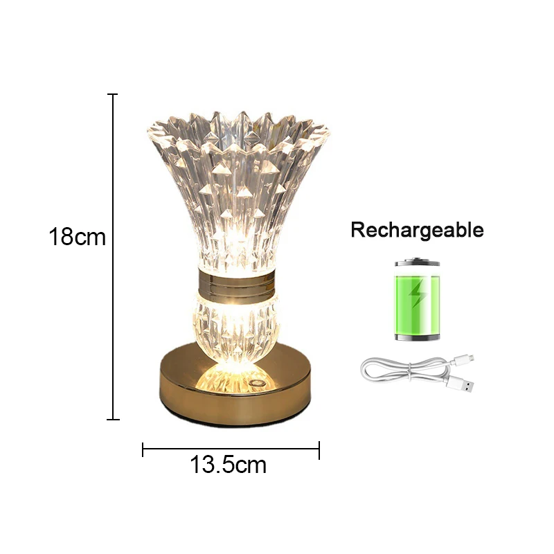 Lámpara de cristal con LED, carga USB, interruptor sensible al tacto y tres opciones de intensidad de color.