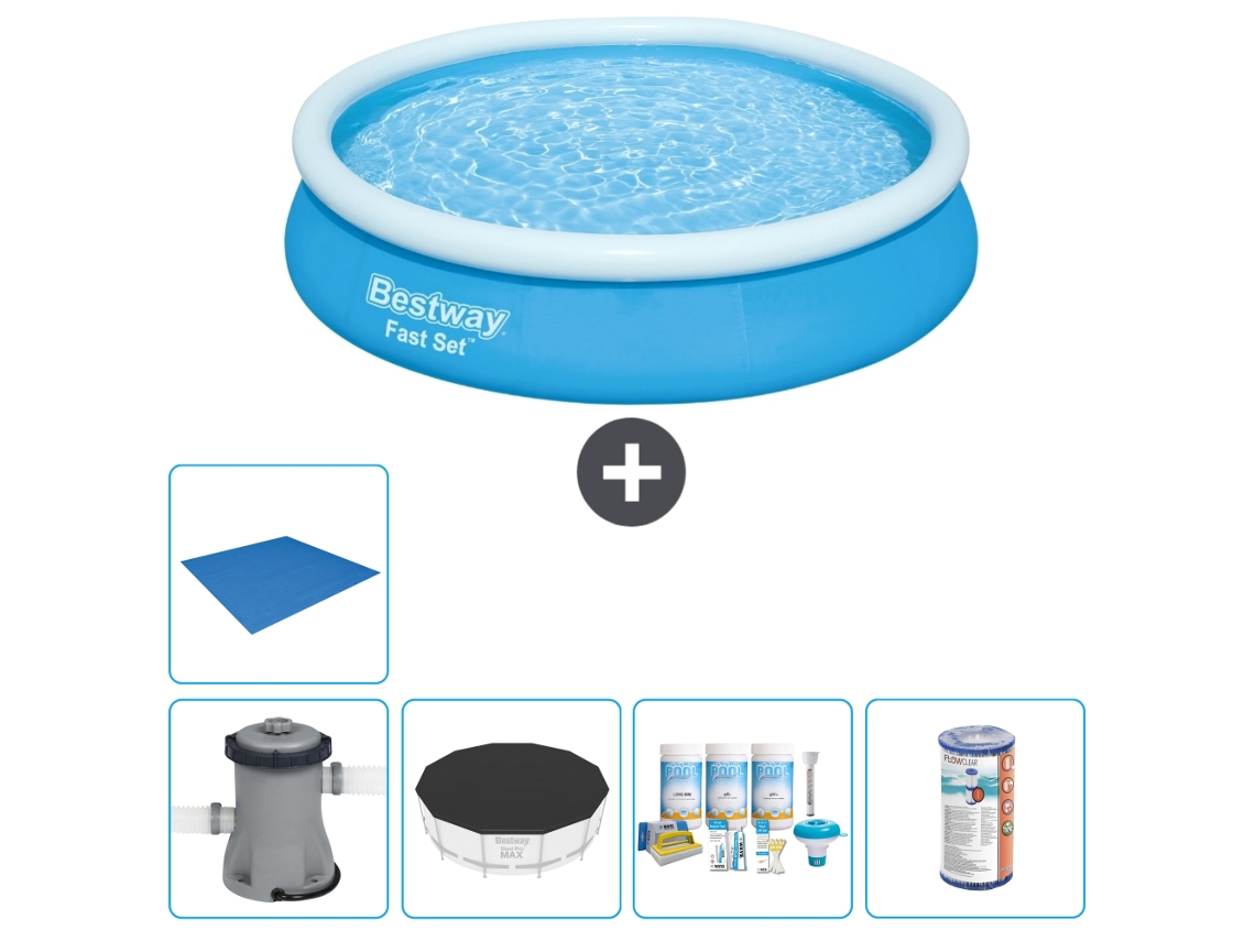 Piscina hinchable redonda Fast Set BESTWAY - 366 x 76 cm - Azul - Bomba incluida Cubrir - Paquete de mantenimiento - Filtrar - Suelo