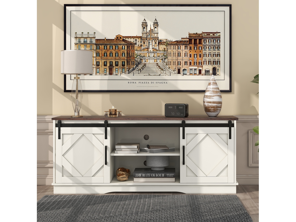 Amplio mueble de TV/mesa auxiliar/centro de entretenimiento con dos puertas correderas clásicas. Dimensiones: 150 x 40 x 60 cm.