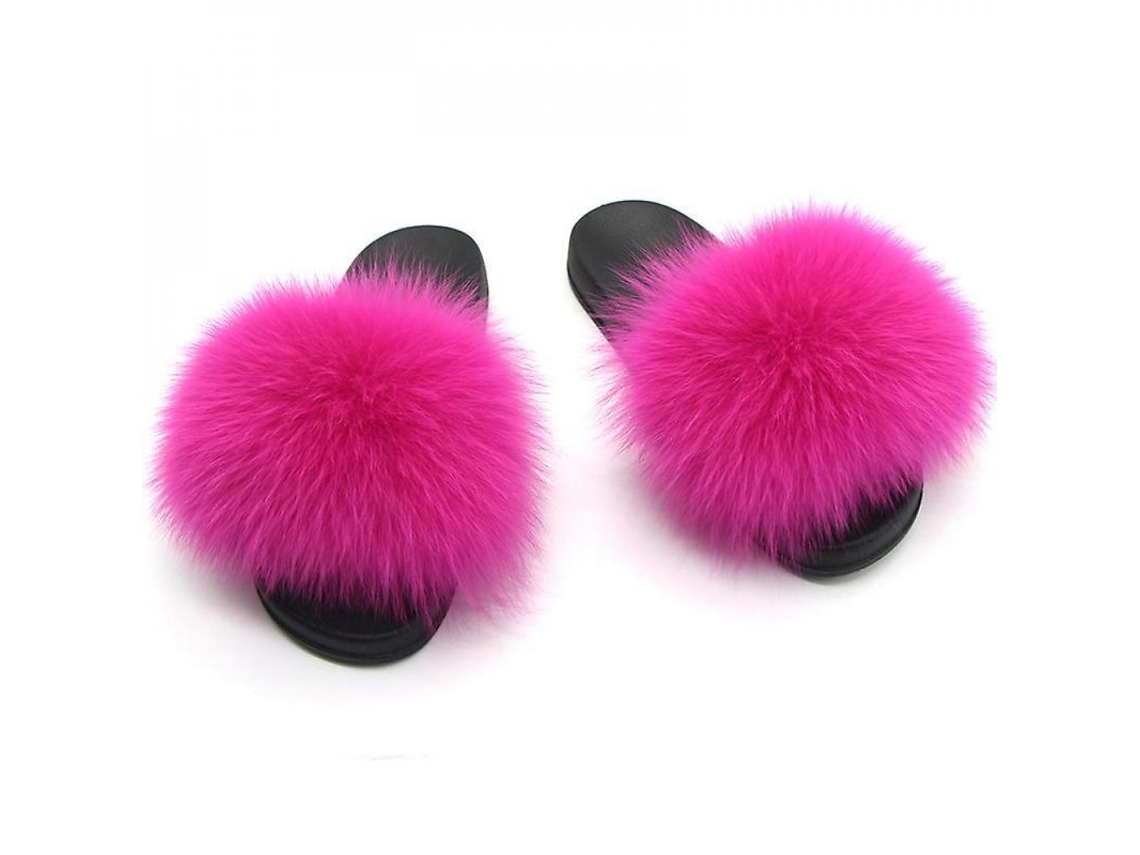 2026-sandalias De Piel De Zorro Para Mujer - Chanclas Con Pelo Suave Abiertas Interior Exterior Ozz 44-45 Rosa Roja