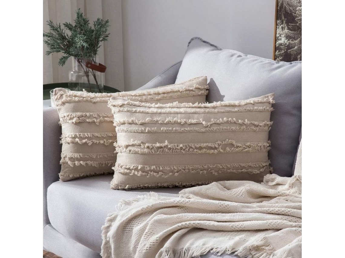 2026-2 Fundas De Almohada Decorativas Boho De Lino Estampado Jacquard Para Sofá Sala Dormitorio 12x20 Pulgadas Beige