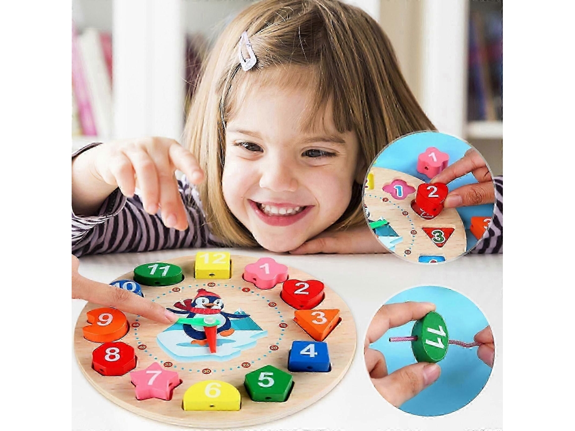 Reloj digital de madera, despertador infantil, bloques de construcción con cuentas, rompecabezas tridimensional para emparejar formas.