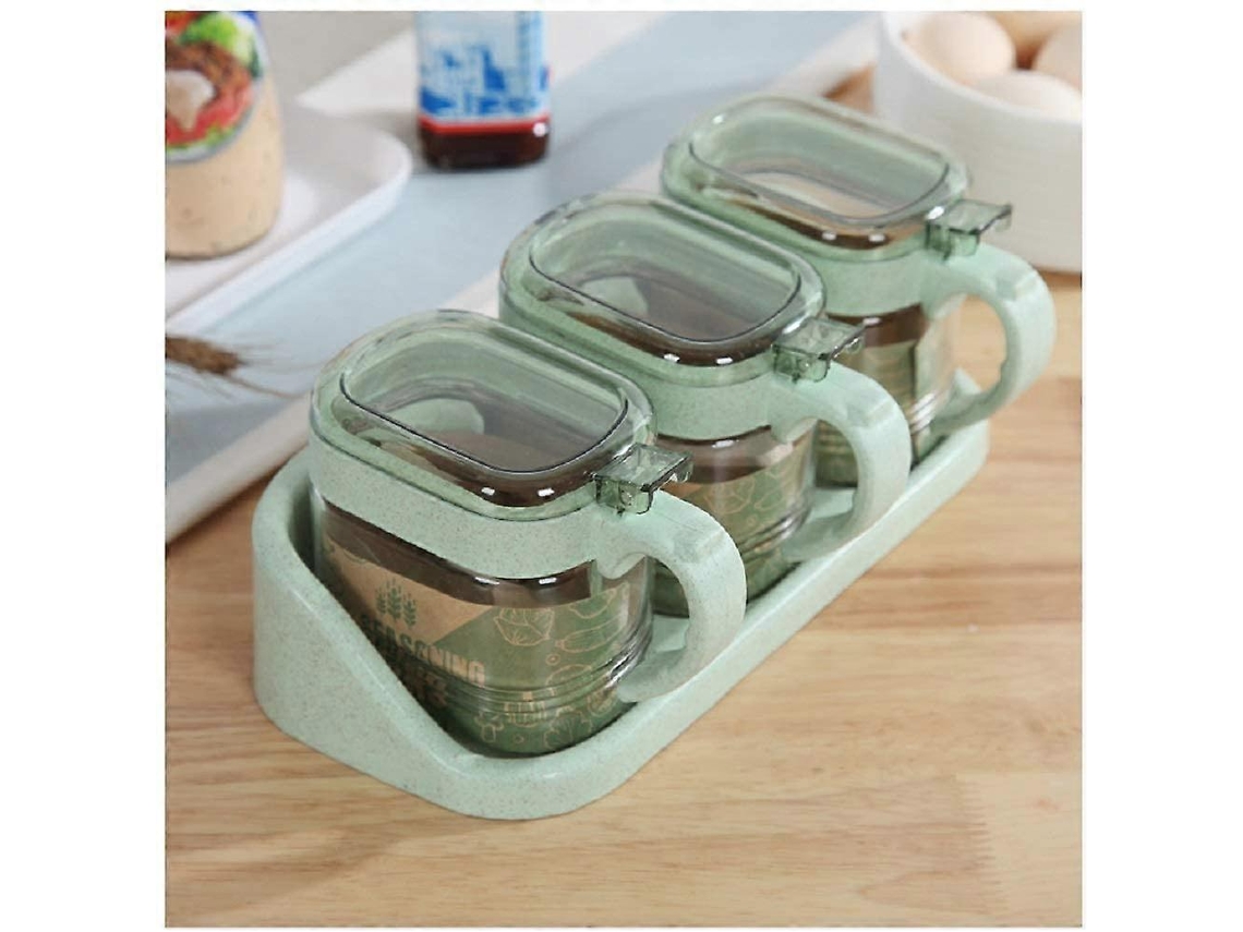 Set De 3 Frascos De Especias De Vidrio Transparente Con Tapa Cuchara Y Base Para Cocina Color Verde