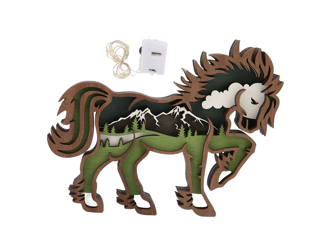Adornos de caballos de madera 3D con luces para decoración