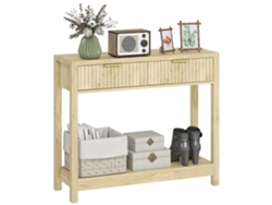 Consola estrecha CHEZMOI de 90 cm con 2 cajones, 1 estante, estilo moderno, madera natural.