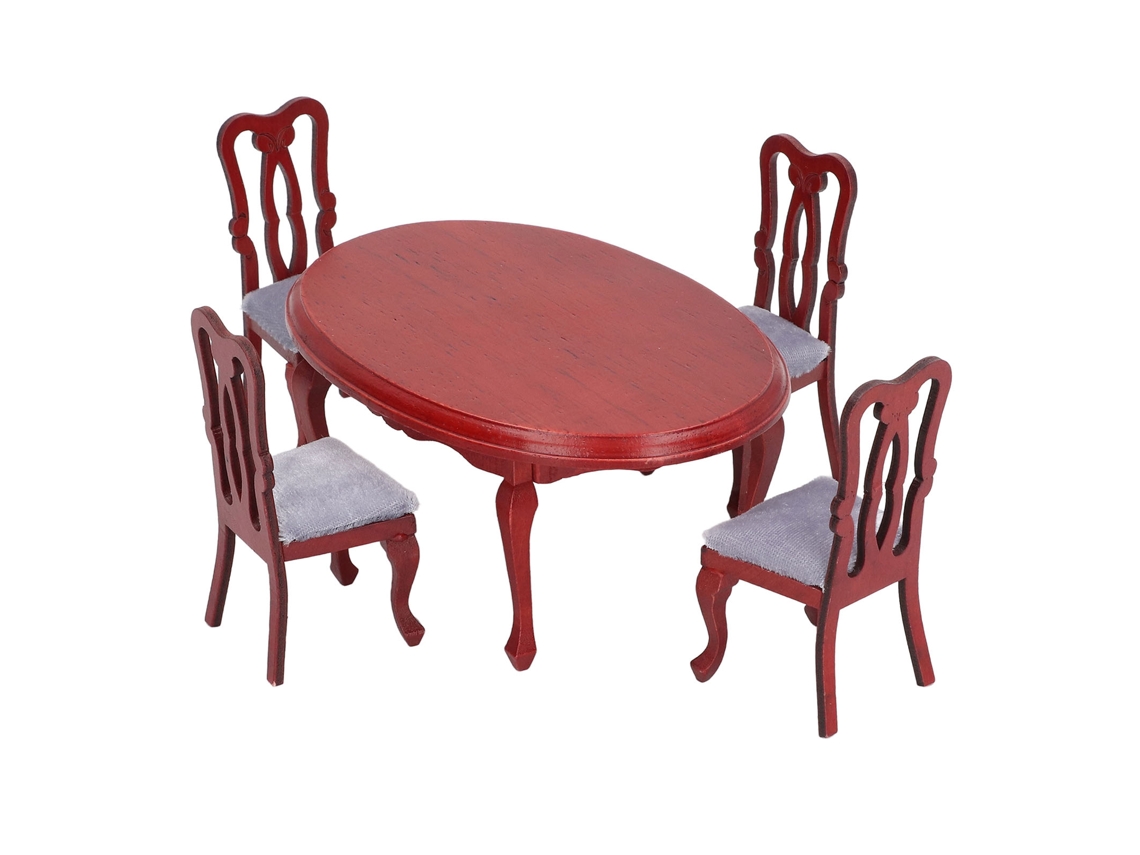 Conjunto Mesa E Cadeira Miniatura 1:12 Madeira Bétula Vermelha Para Casinha De Bonecas