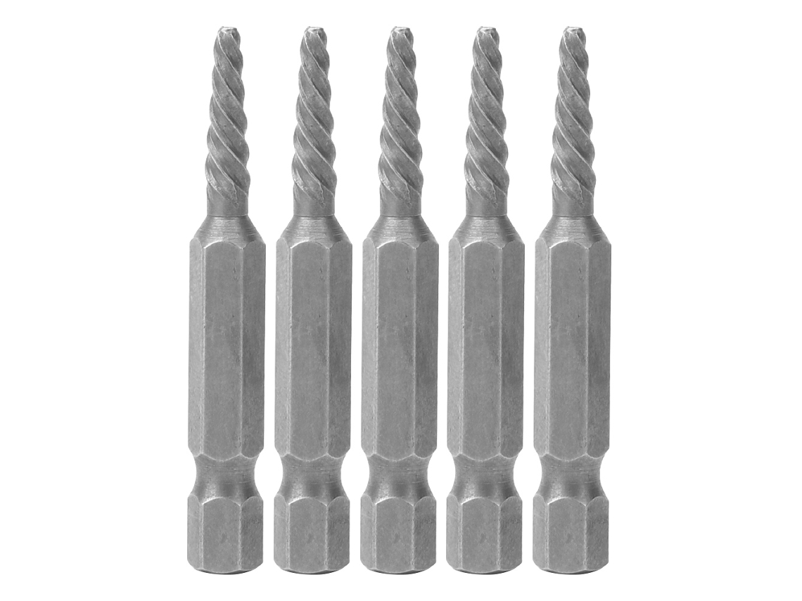 Juego De 5 Extractores De Tornillos Rotos De Acero Hss Con Llave Hexagonal De 50 Mm.
