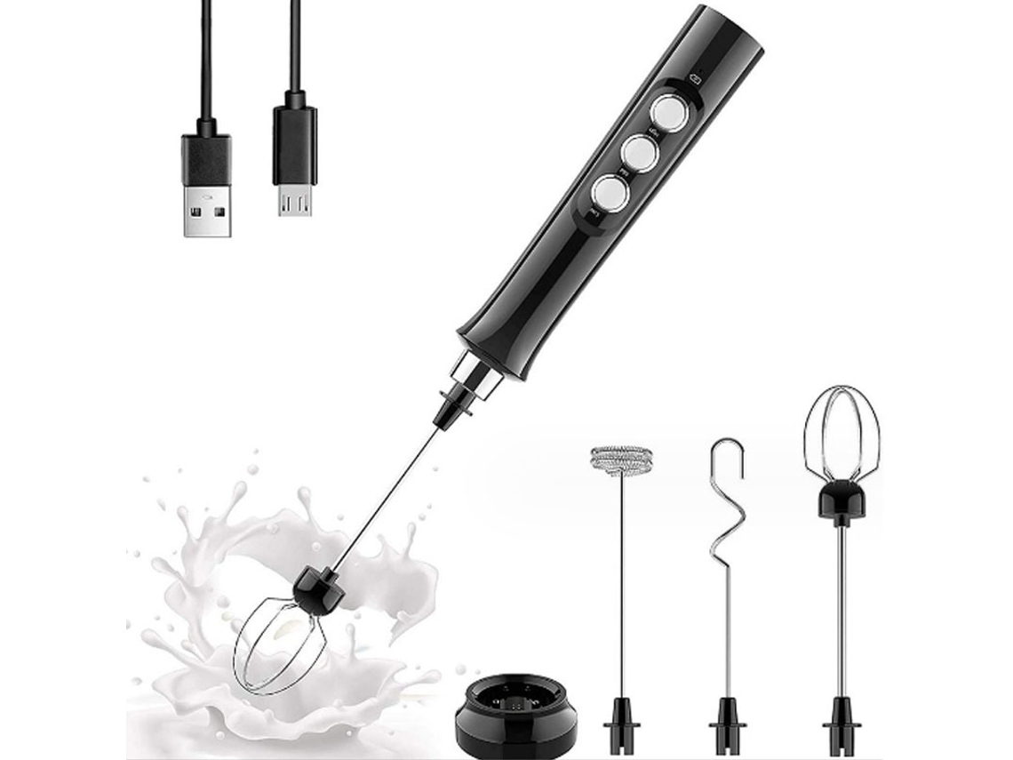 Espumador de leche, batidora recargable por USB con 3 varillas, ideal para café, capuchino, chocolate caliente y huevos (negro) Cuich