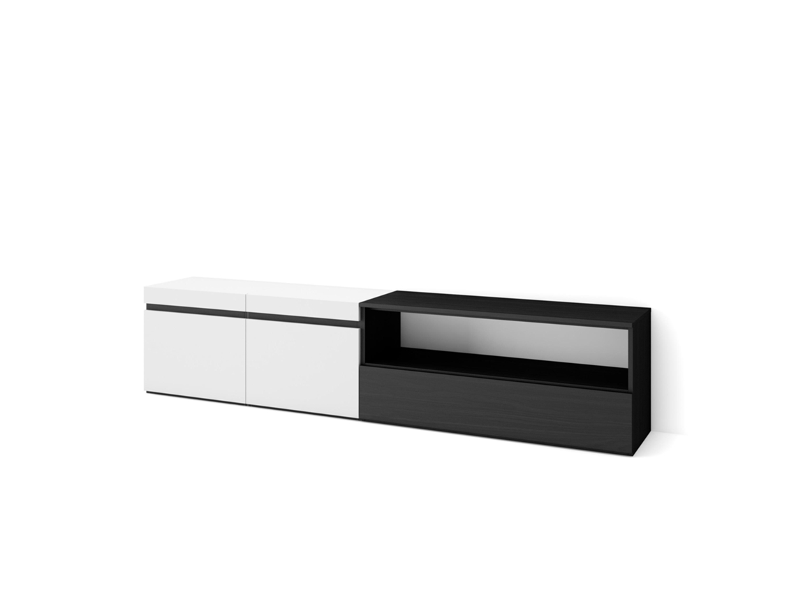 Mueble TV Televisión 200x45x35cm Para TV hasta 80 Con almacenamiento Blanco y negro