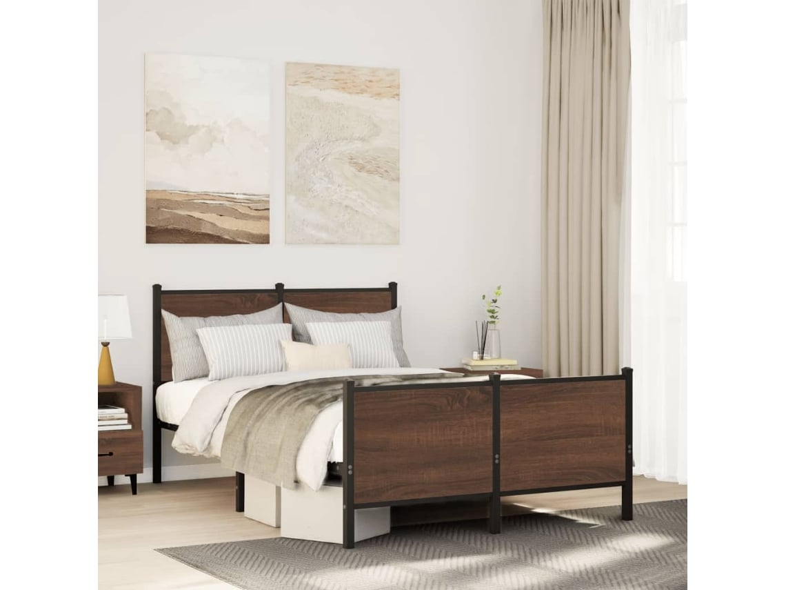 Estructura De Cama Sin Colchón Metal Marrón Roble 137x190 Cm
