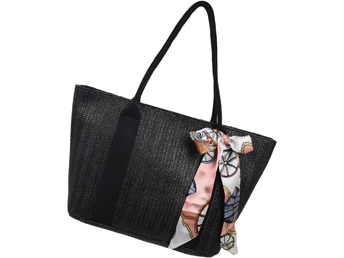 Bolso Tote Negro Tejido Para Mujer Con Diseño Creativo De Cinta De Paja, Gran Capacidad.