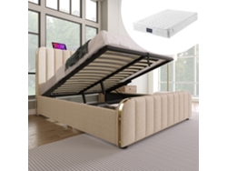 Cama Doble De Lino Beige, 140x200 Cm, Detalles Dorados, Puerto Usb-c Y Sistema De Alimentación Hidráulica.