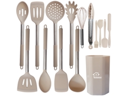 15 utensilios de cocina de acero inoxidable, de silicona resistente al calor de grado alimenticio, color caqui Gertiz