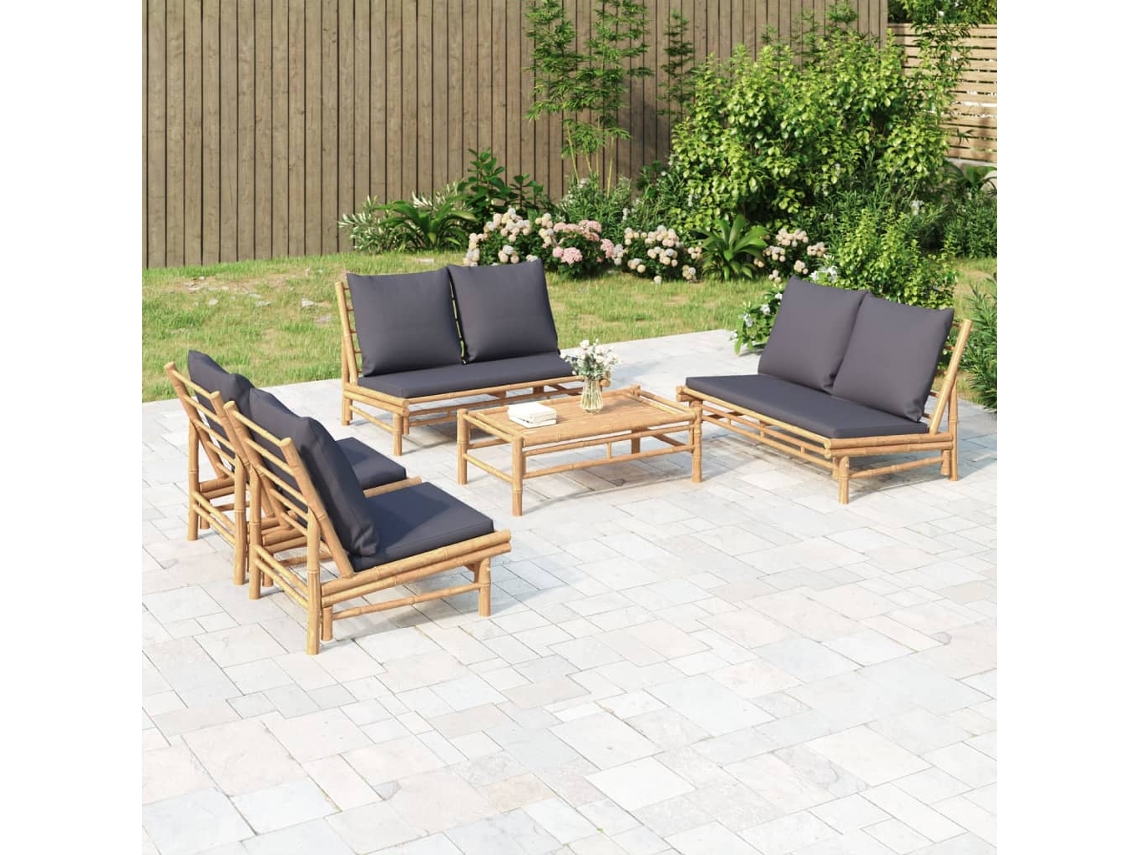 Conjunto Lounge 5 Peças Jardim Bamboo C/ Almofadões Cinza Escuro Dkd Home Decor