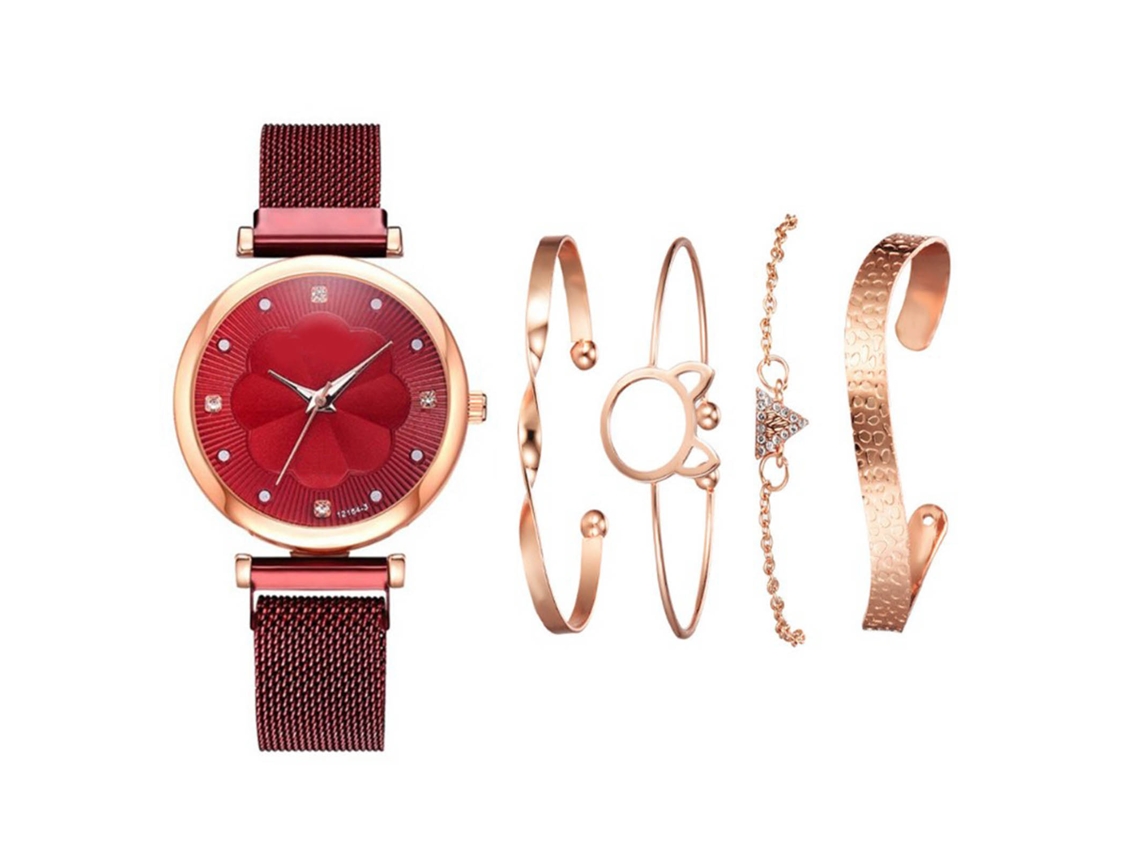 Conjunto De 5 Piezas De Pulsera De Reloj De Cuarzo De Aleación Roja, Accesorios Diarios Con Caja De Almacenamiento.