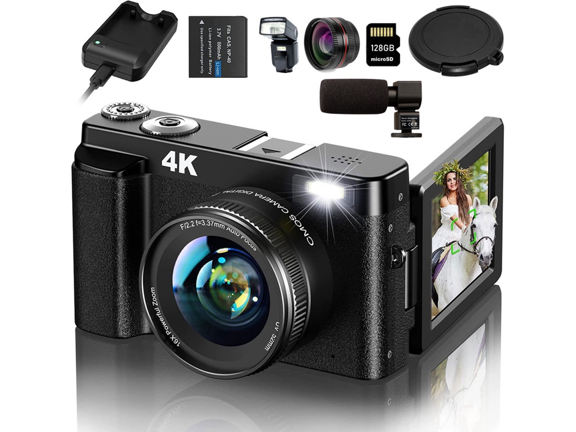 Câmera Refletiva Digital SZSMART  Dc101L 4K Uhd 48Mp Automático 16X Zoom 3 Polegadas Tela Lentes Intermutáveis + 6 Peças Câmera + 128G- Preto